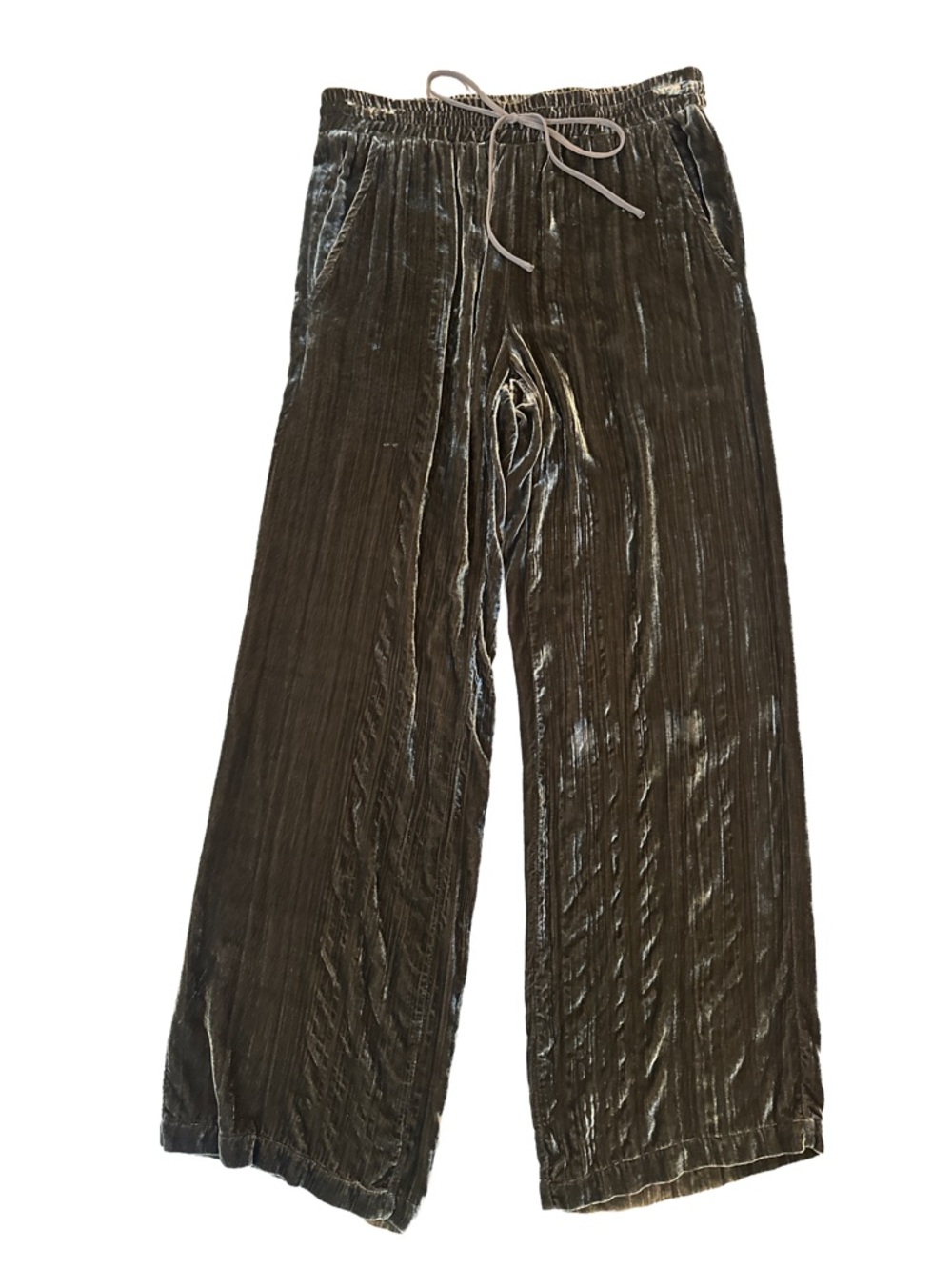 Plush Crushed Velvet Wide-Leg Drawstring Pants - Olive